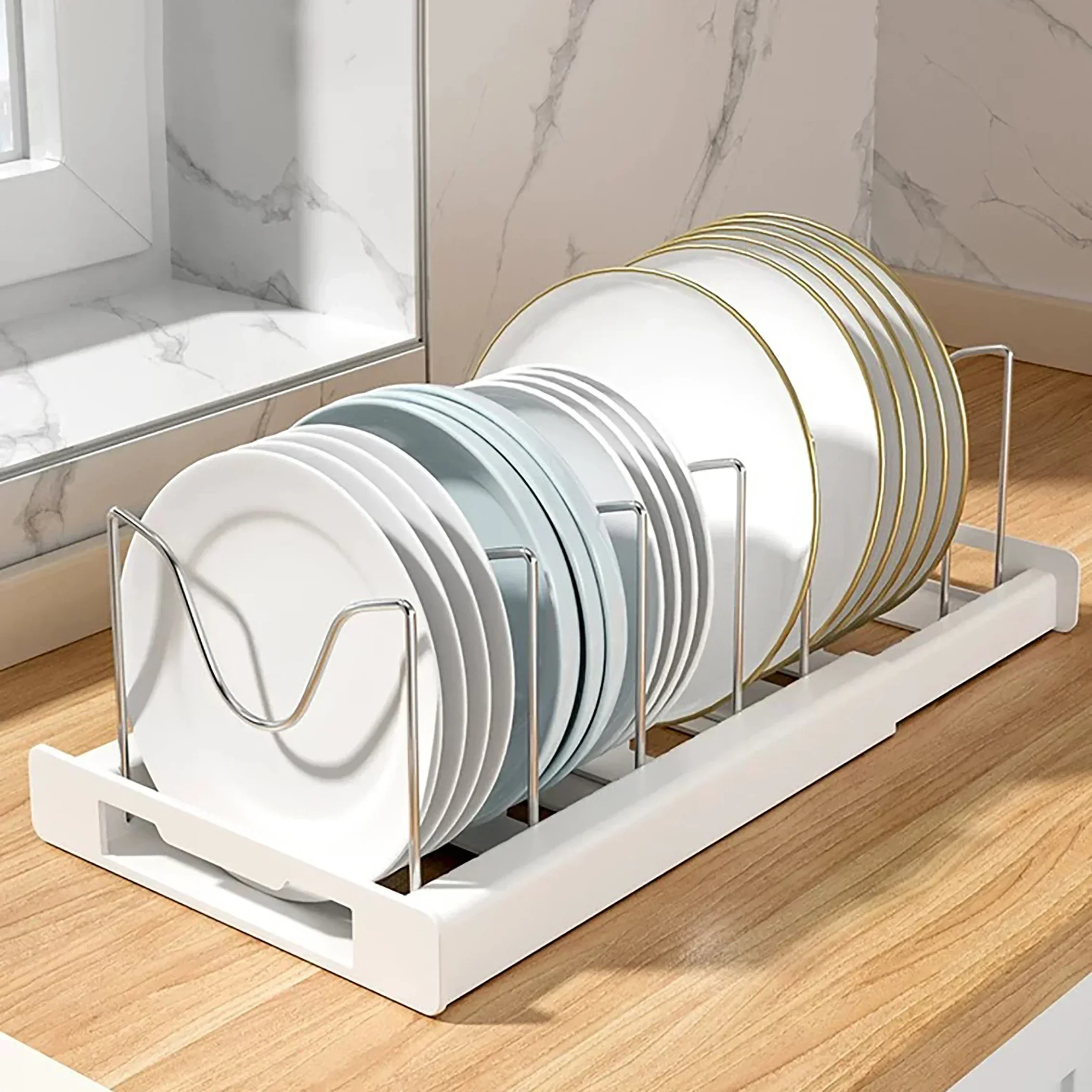 Expandable Dish Rack Pans Organizer Rack Adjustable Compartments Dish Storage Rack Pot Lid Organizer Kitchen Utensils Rack 6