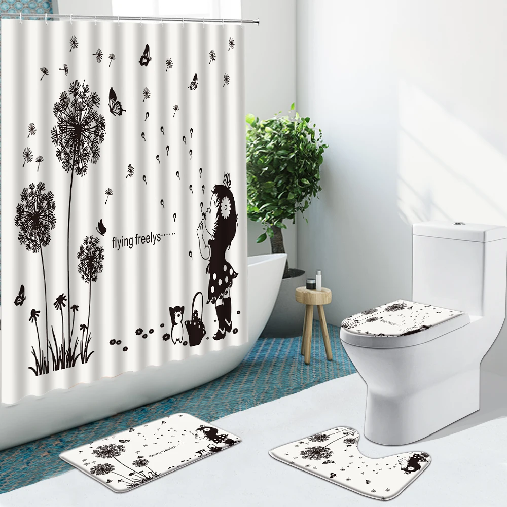 

Dandelion Little Girl Bathroom Set Shower Curtain Sunflower Flowers Birds Non-Slip Rug Flannel Toilet Cover With Hooks Bath Mat