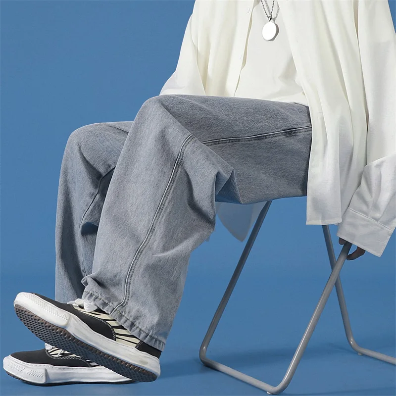 

2023 New Korean Fashion Jeans for Men's Baggy Classic Solid Color Pocket Straight Tube Wide Leg Denim Pants Hip Hop Trousers