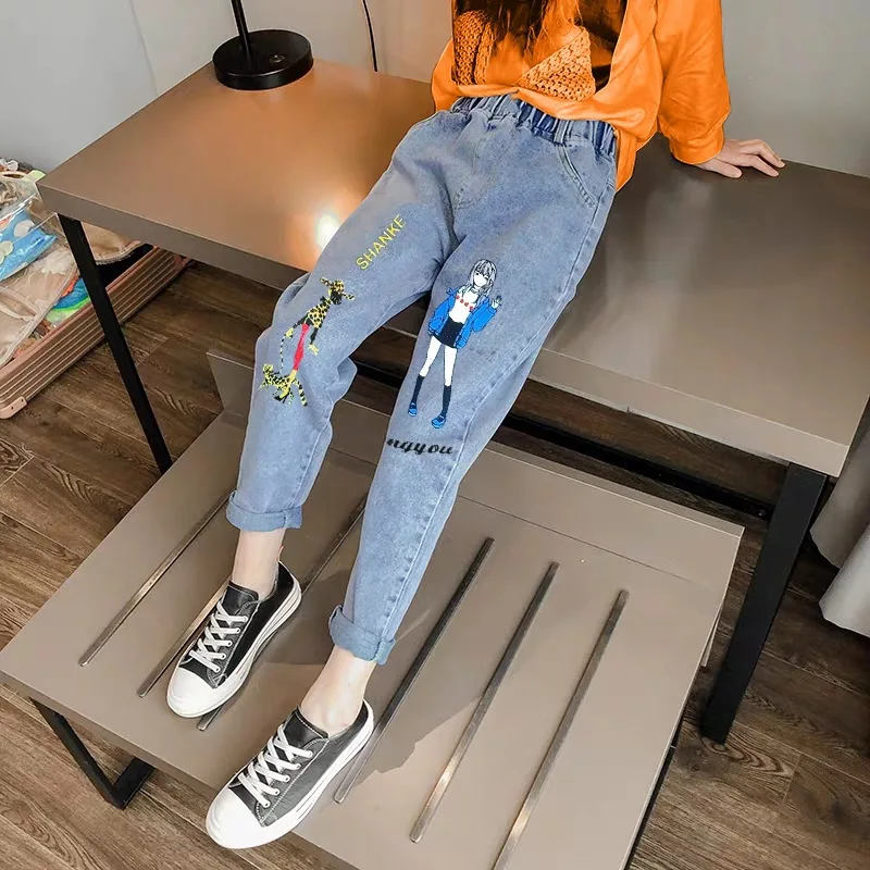 

Girls Jeans Children's Cotton Clothes Kids Cartoon Printed Elastic Waist Denim Pants 2022 Spring 3 To 12Yrs Teenagers Trousers