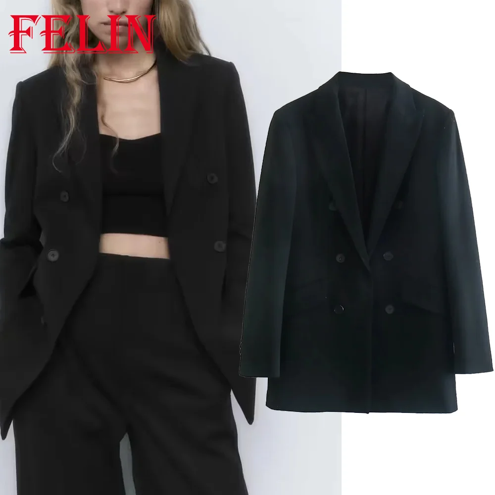 

TRAF Woman Fashion 2022 Autumn Black Double Breasted Woman Blazer Long Sleeve Flap Pockets Female Outwears Chic Tops