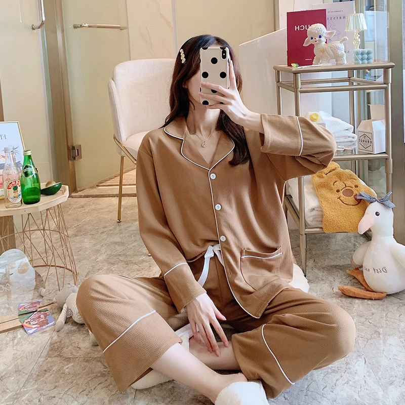 Autumn and Korean version of ins style pajamas, sweet and cute girl students can wear cardigan, small lapel home clothes suit