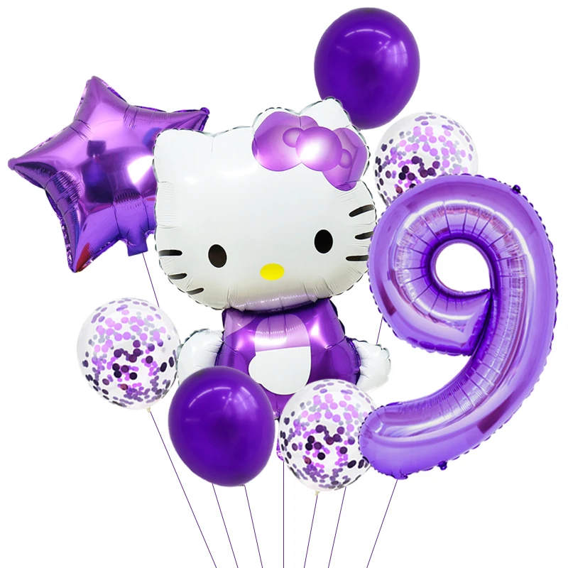 thumbnail image 1 of Juego de 8 globos de aluminio de Hello Kitty, confeti de látex con forma de gato de anime, decoraciones para fiestas de cumpleaños de niños, suministros para baby shower, 1 of 5
