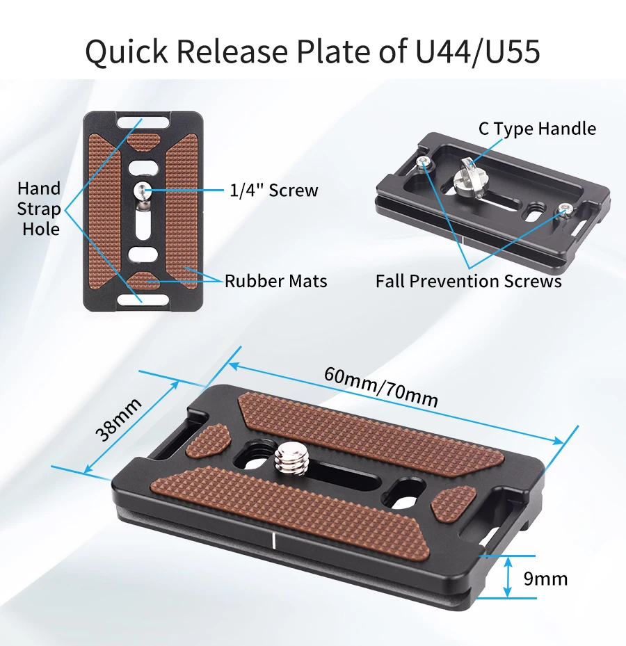 U44/U55 Low Profile Camera Tripod Ballhead, with Arca 1/4" Quick Release Plate,