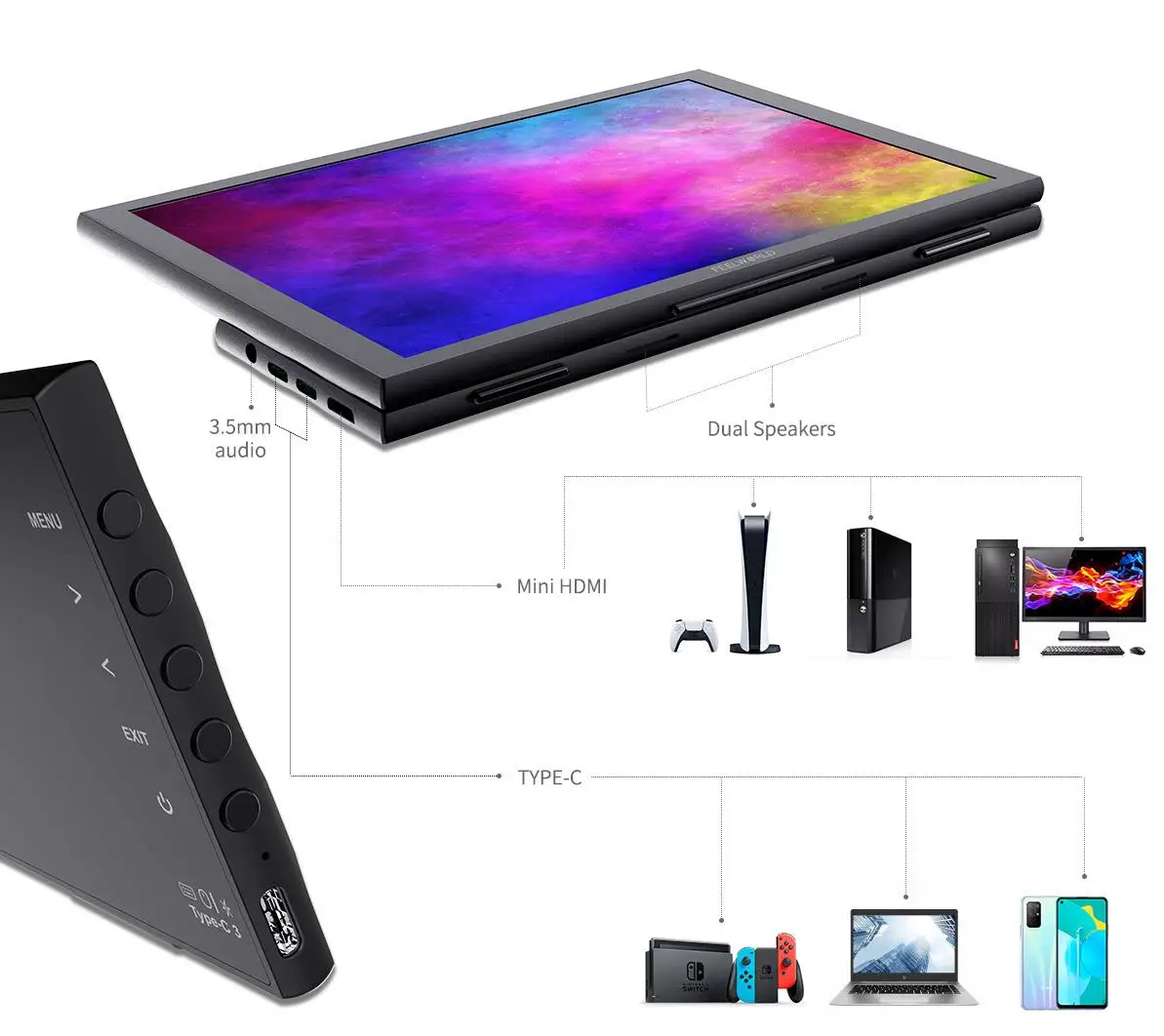 DH101 10.1 Inch Portable Monitor External Screen Computer Display with USB Type-
