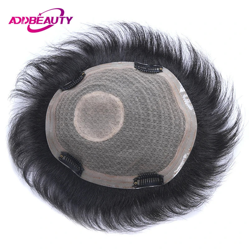 Addbeauty Toupee 남성 헤어 보철물 레이스 PU 기계 남자 가발, 100% 인모 스트레이트 웨이브, 자연스러운 인모 시스템