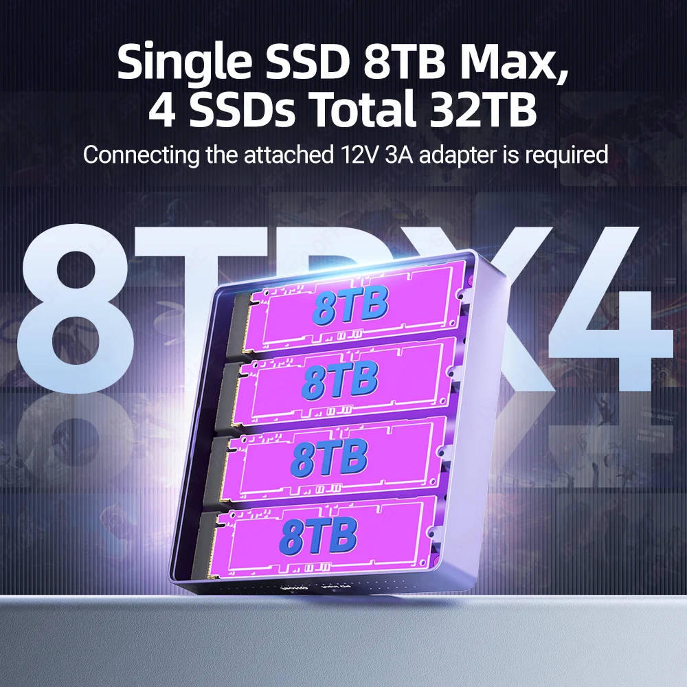 JEYI 4베이 40Gbps RAID NVMe 인클로저 썬더볼트 4/3 호환 터빈 쿨링 개별 및 RAID 모드 호환 맥/윈도우