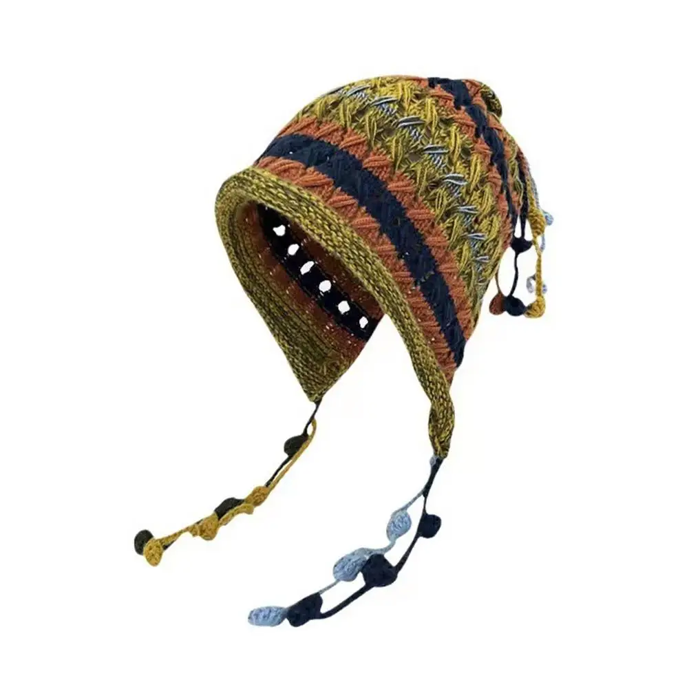 1pc Korean Imitation Handmade Crochet Colored Yarn Hat For Women Winter Fashion Nitted Beanie Cap Hm Earflap Tassel Pompom N2X9