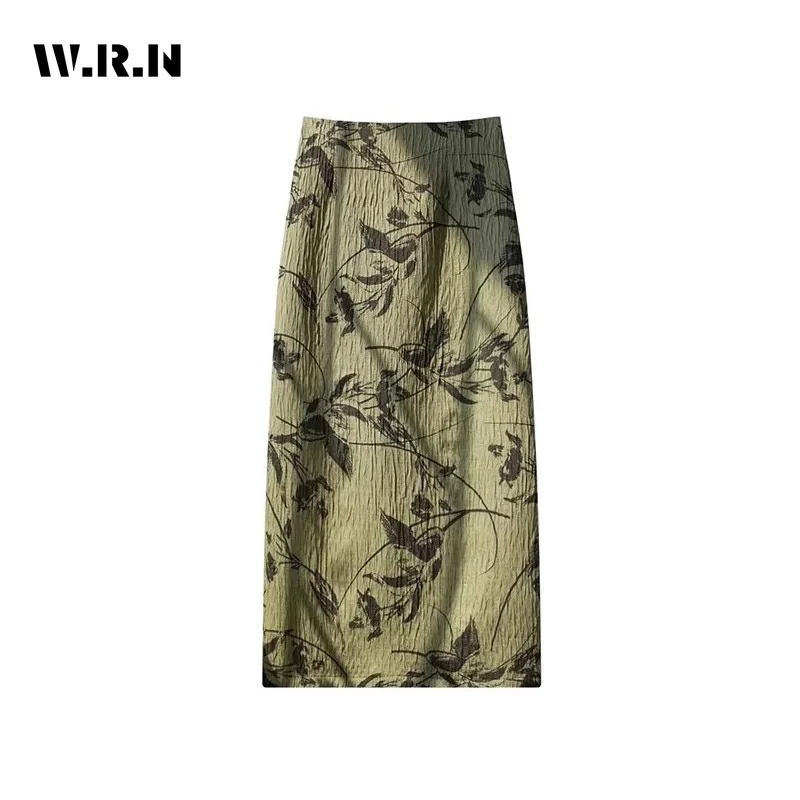 

2023 Summer Vintage Floral Print Soft Mid Long Evening Skirts Women's Elegant Chiffon High Waist Slim Fit Casual Mid-calf Skirt