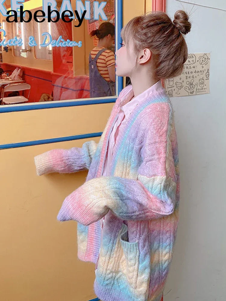 Rainbow Knitted Cardigan Women Autumn winter Sweet Kawaii Sweater Coat Female Long Korean Button Down Cardigan Fall 2023 Women