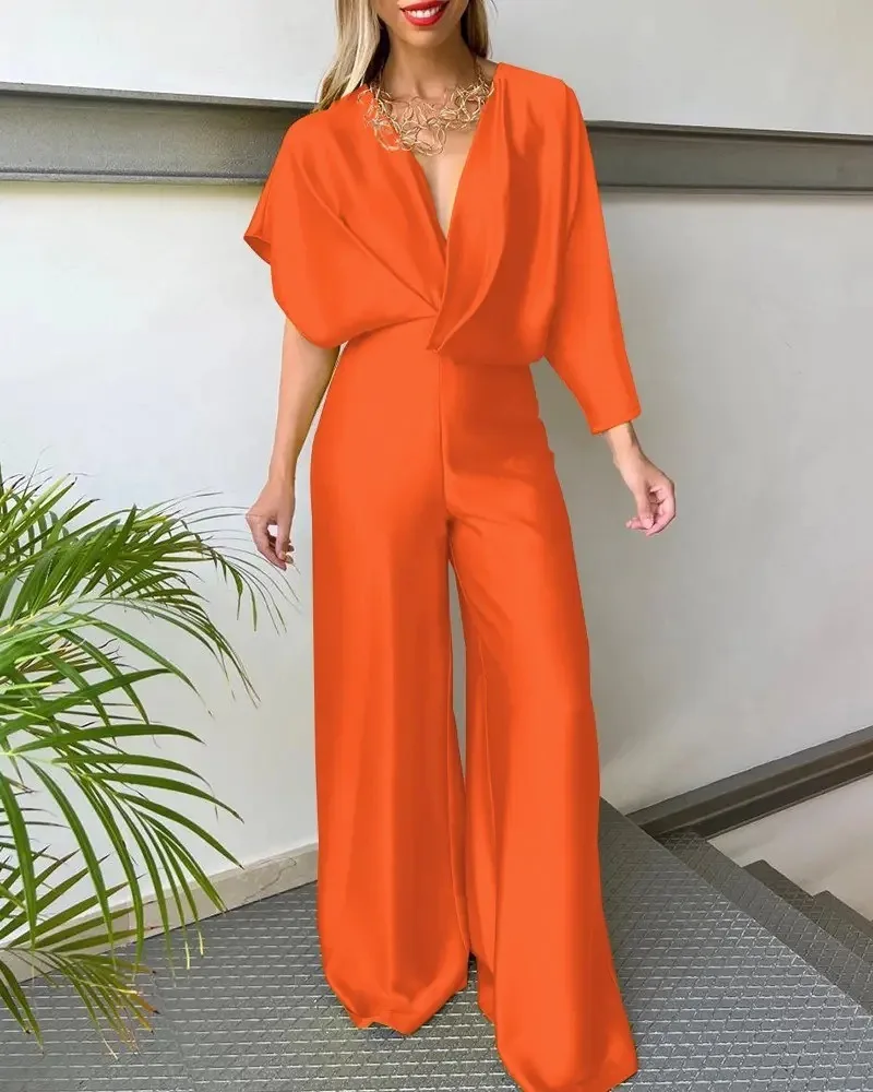 2024 New Women's Solid Color Jumpsuit Spring Summer Adult Female V-neck Sexy Short Sleeves High Waist One-piece Suits OFE12