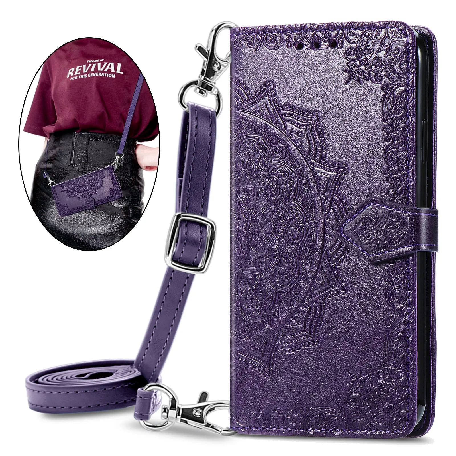 Mandala Flower Leather Strap Crossbody Flip Wallet Case with Card Slots