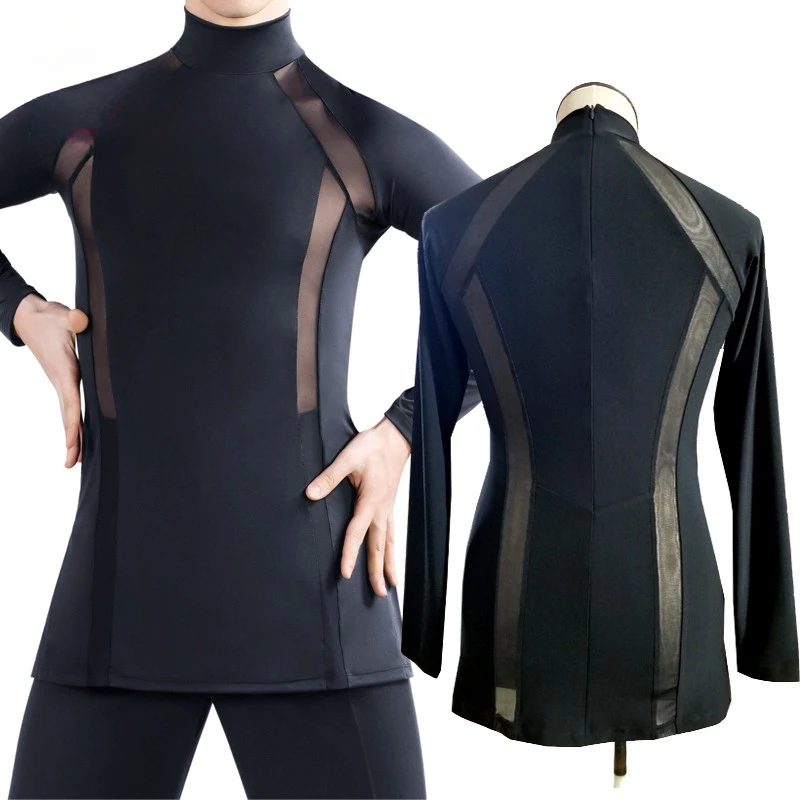 Men Latin Dance Shirts High Neck Mesh Splicing Competition Long Sleeve Top Practice Ballroom Costumes