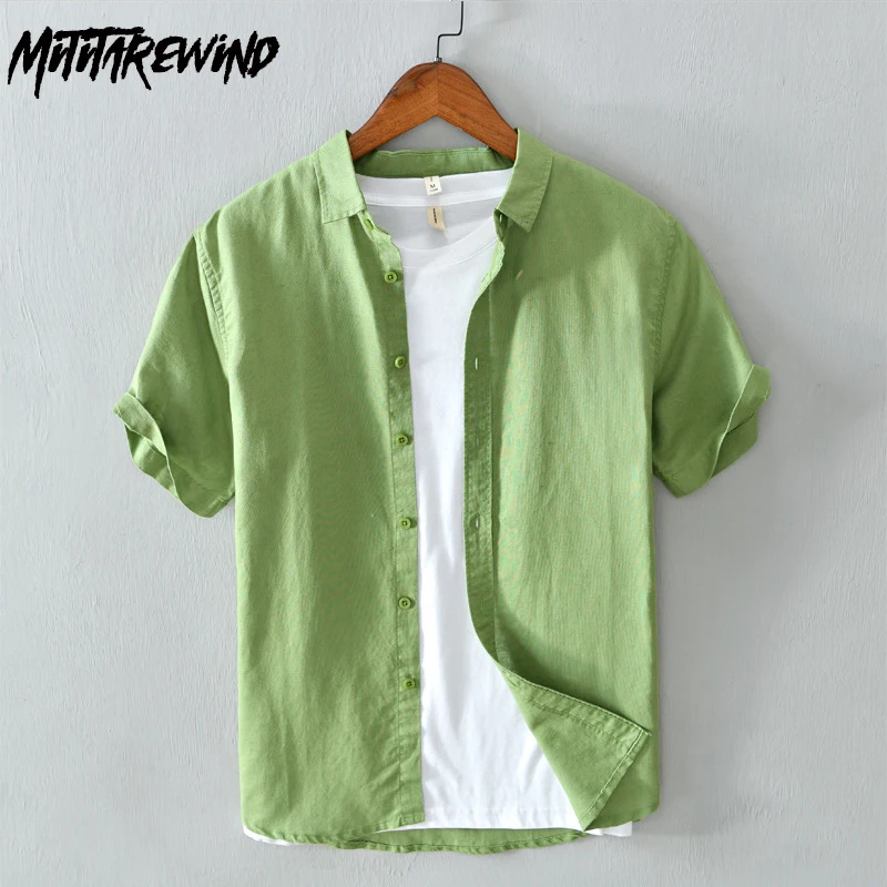 

Summer Green Shirts for Men Japanese Style Casual Short Sleeve Shirts Cotton Linen Breathable Shirt Male Simple Versatile Tops