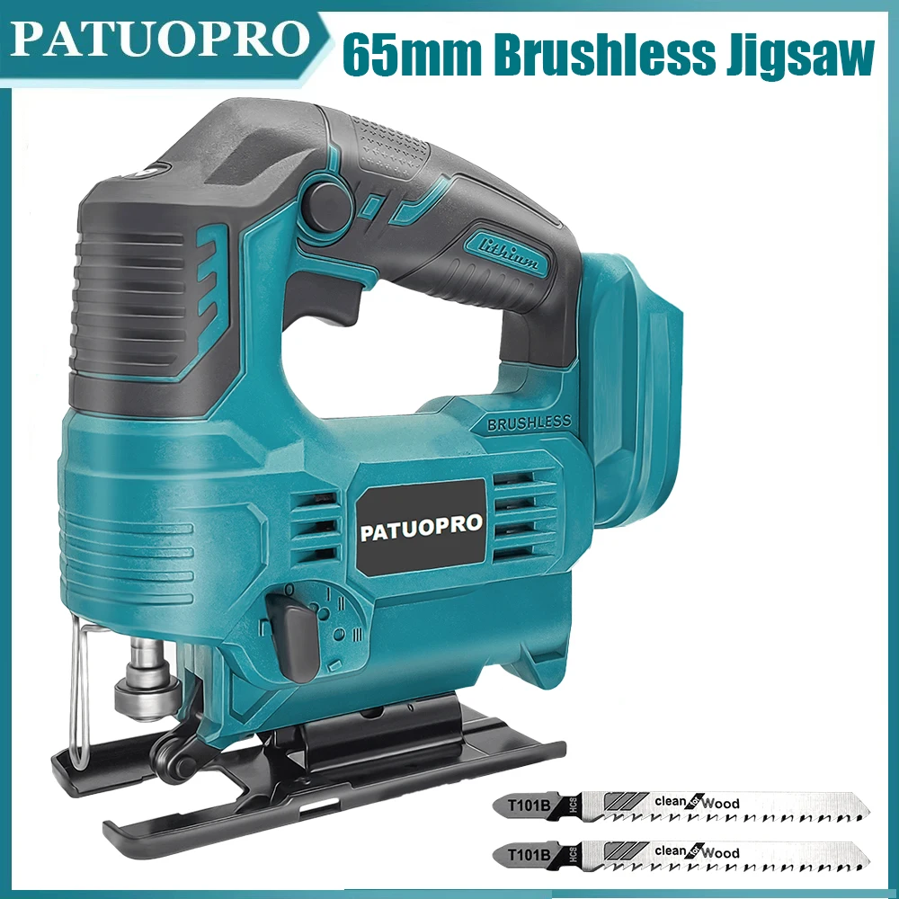 PATUOPRO Electric Cordless Jigsaw, Brushless 21V 3000RPM Adjustable 4 Speed 65mm Woodworking Multi Function Jig Saw For Makita 18V Battery