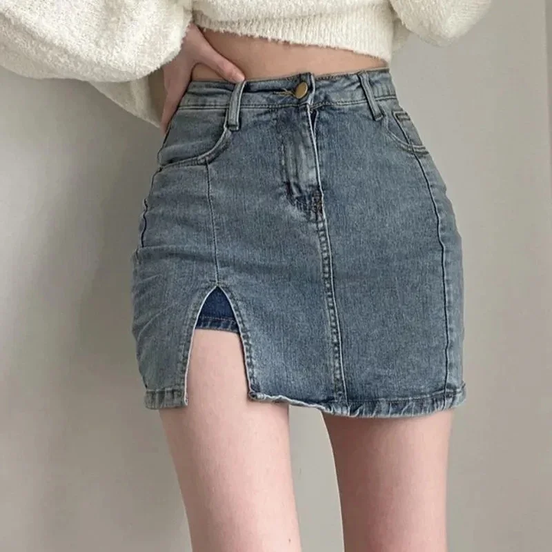 2024 Slim Fit Y2K Short Skirts Female Rimocy Korean High Wiast Denim Mini Skirt Women Summer Sexy Tight Bag Hip Skirts Woman 2024 new black jeans men s fashion tight personality patch design handsome high street fashion casual motorcycle trousers