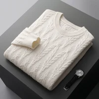 Autumn and winter new 100% pure wool cashmere sweater men's round neck twist thick knitted sweater loose fashion bottoming coat 1