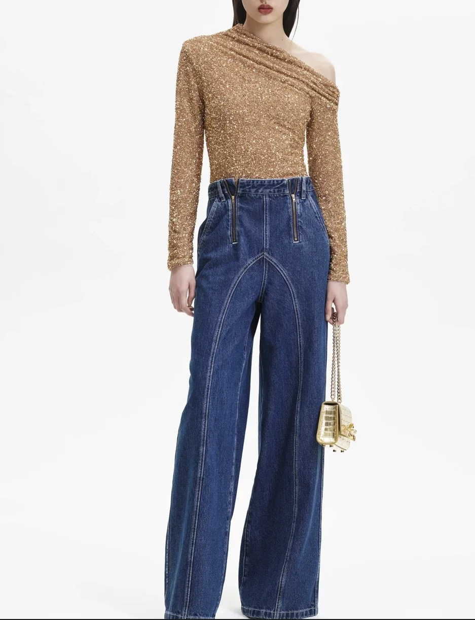 

Women Shirt Oblique Shoulder Sequins Long Sleeve Casual Blouse