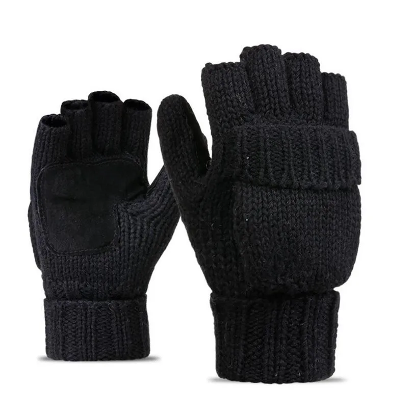 Unisex Plus Thick Male Fingerless Gloves Men Wool Winter Warm Exposed  Finger Mittens Knitted Warm Flip Half Finger Gloves