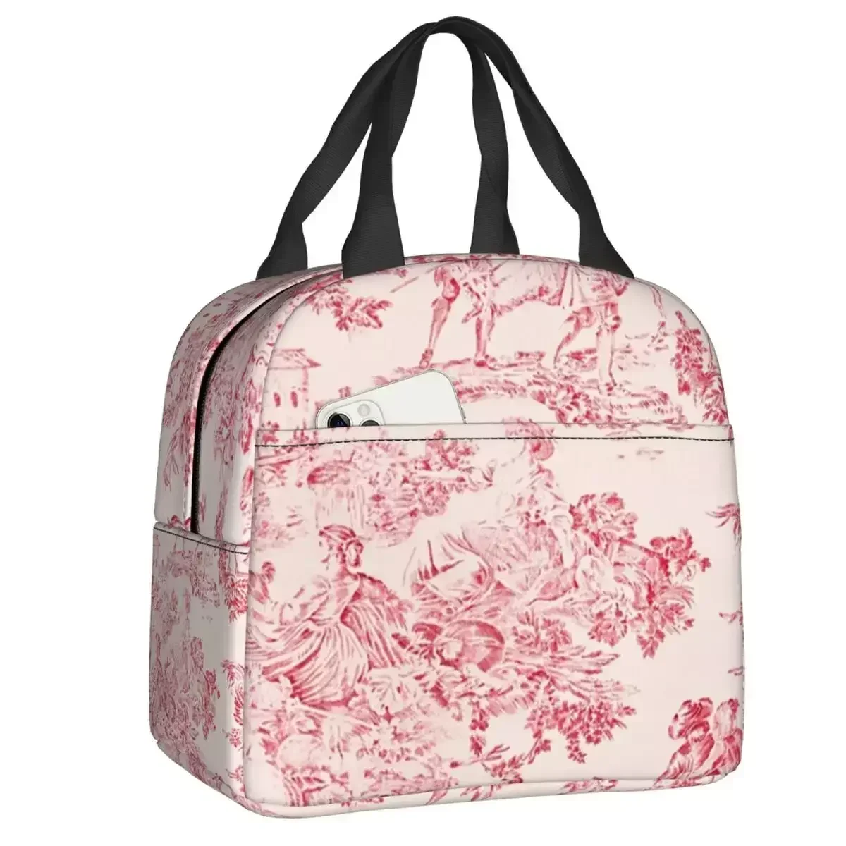 

2024 New Red And White Toile De Jouy Insulated Lunch Bags Portable Thermal Cooler Food Lunch Box Outdoor Camping Travel