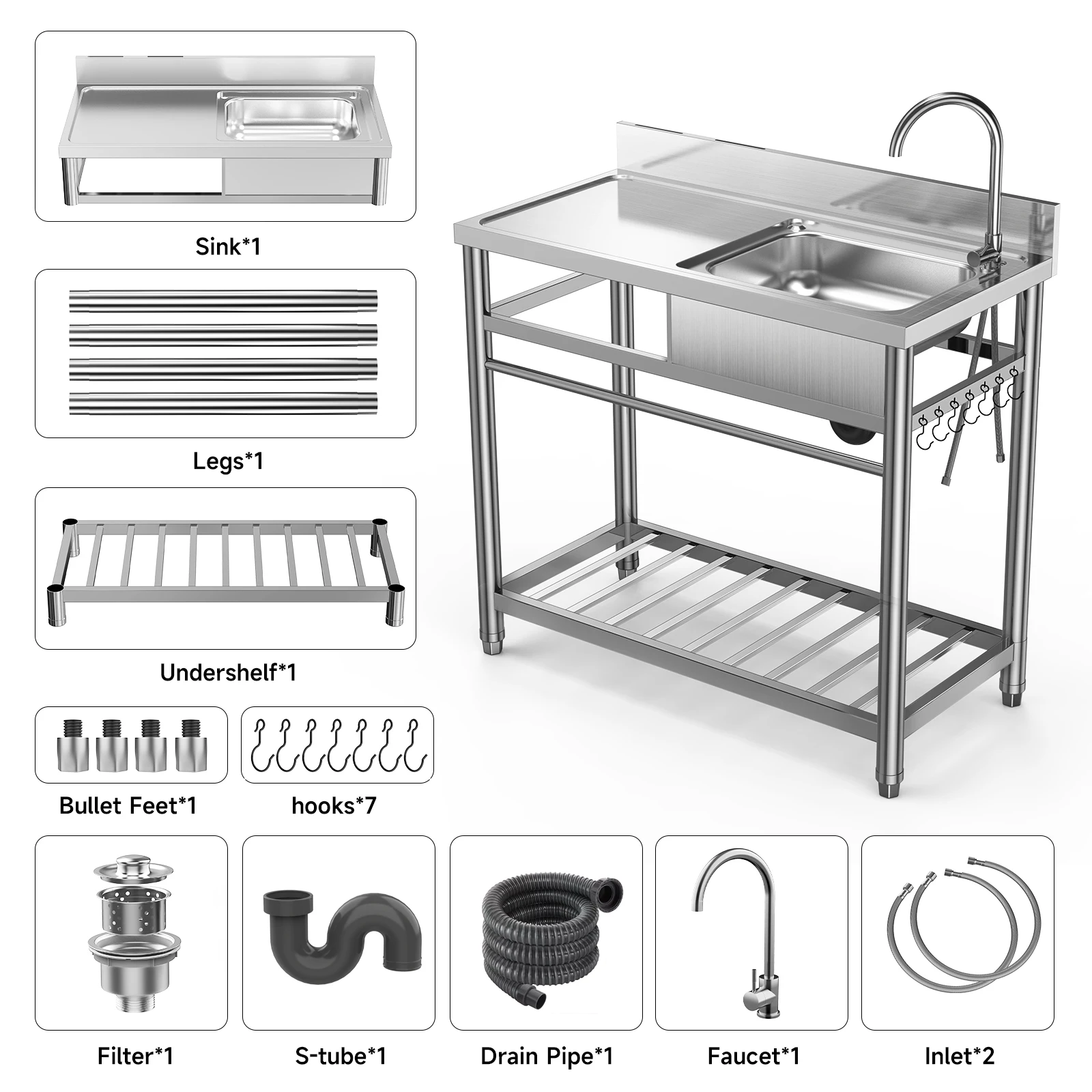 Stainless Steel Prep & Utility Sink With Countertop Faucet Hose Free Standing Single Bowl Commercial Kitchen Sink Workbench 6