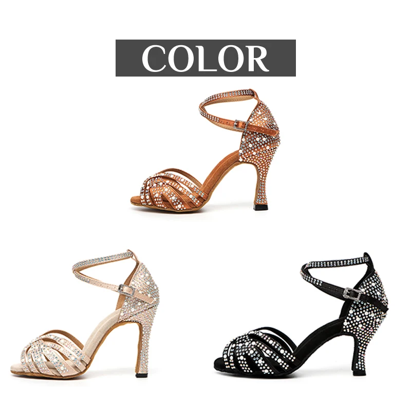 DKZSYIM Rhinestone Latin Dance Shoes Female Latin Salsa Girl Casual Shoes Black Bronze Skin Shiny Ballroom Dance Shoes Sandals 3