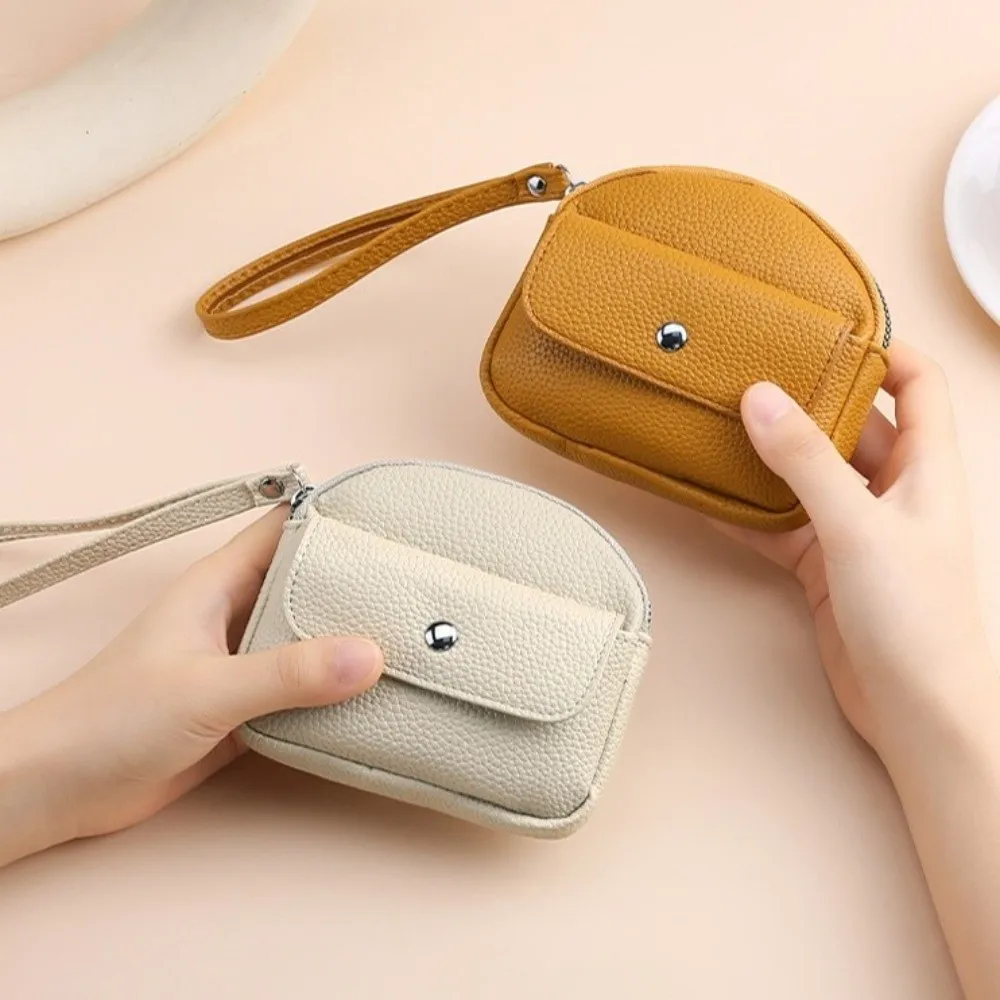 New PU Leather Coin Purse Solid Color Handheld Key Ring Wallet Zipper Closure Wrist Lanyard Credit Card Holder