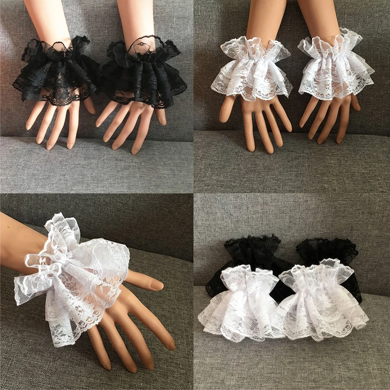 Ruffle Lace False Sleeve Wrist Cuffs Floral Lace Pleated Elastic Bracelet Women Girls Cosplay Lolita Halloween Fingerless Gloves