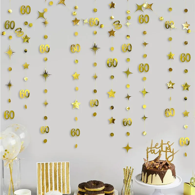 Gold 60th Birthday Decorations Number 60 Circle Dot Twinkle Star Garland Banner Backdrop for 60 Year Old Birthday Party Supplies birthday streamers,birthday banner,party decorations
