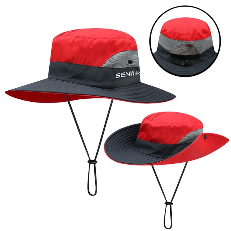 Camping Hiking Bucket Hat Wide Brim Quick Drying Breathable Traveling Foldable Sunshade Sun Ponytail Cap With Chin Strap