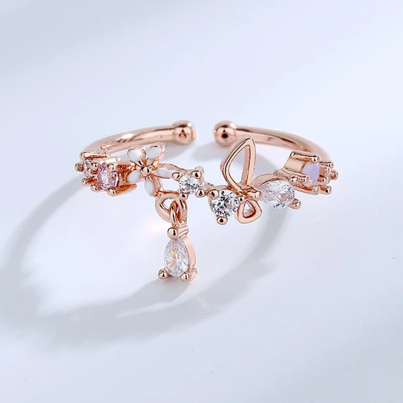 Sweet CZ Crystal Zircon Flowers BowKnot Ring for Women Korean Style Creative Design Open Rings Princess Jewelry Gift