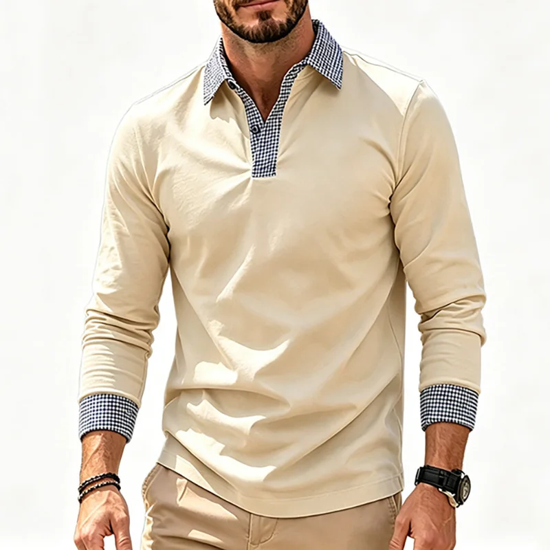 Polo da uomo a maniche lunghe con risvolto a quadri a contrasto, vestibilità regolare, per tutti i giorni, ufficio, affari, weekend, viaggi, casual, streetwear, top basic - immagine 2