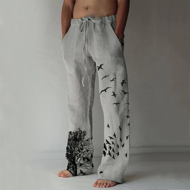 Men's Casual Pants Sweatpants Tree Bird Print Full Length Pants Pocket Drawstring Linen Trousers Men Oversized Jogger Trousers workout joggers Sweatpants