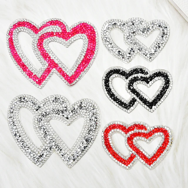 10Pcs Double Heart Shaped Iron on Rhinestone Motifs Applique Hot