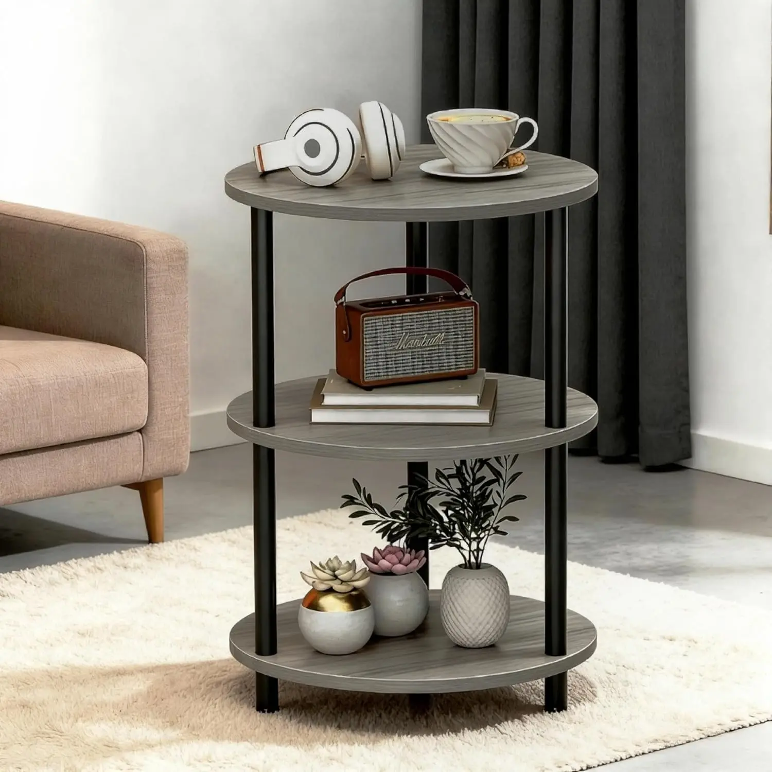 Mueble Redondo de 3 Niveles, Ideal para Sala y Dormitorio, 65x33.5cm, Gris