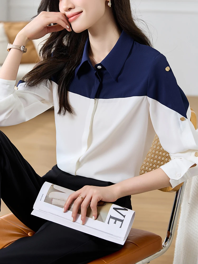 QOERLIN Patchwork Chiffon Shirts Office Ladies Elegant Long Sleeve Blouse Women Turn-Down Collar Hiden Single-Breasted Tops 2023