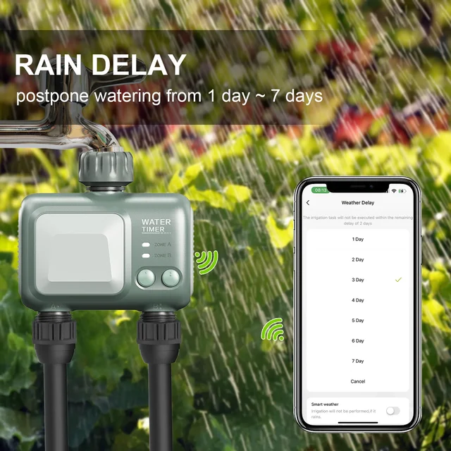 Tuya WiFi Sprinkler Timer 2 Zone, Smart Water Hose Timer Compatible with Alexa and Google Rain Delay for Garden Yards and Lawns 6