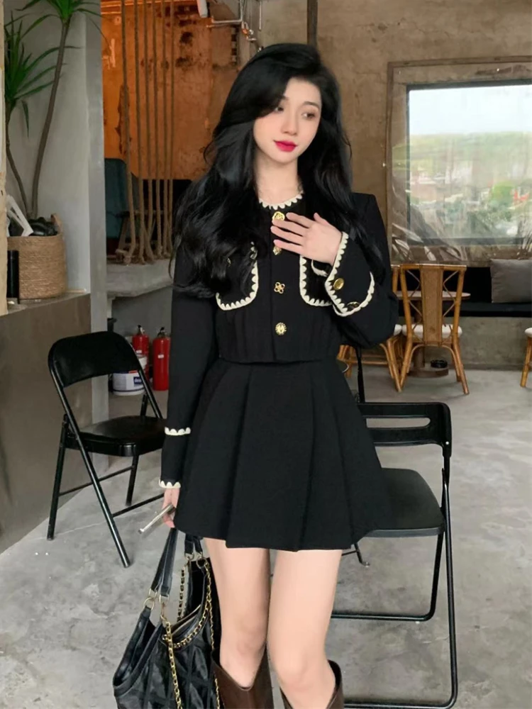 Autumn New Elegant Two-Piece Skirt Sets Women Korean Fashion Chic Crop Jacket Coat Solid Mini Skirt Female Clothing Y2K Outfits
