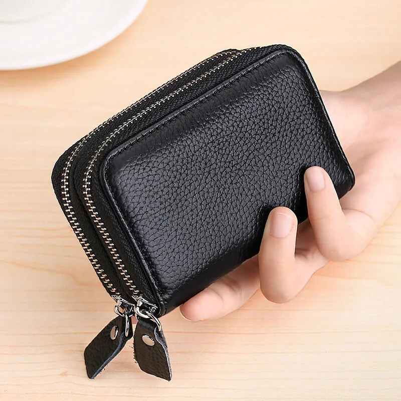 

Fashion Double Zipper Credit Card Holder Wallet Genuine Leather RFID Blocking Clutch Purse Zip Key Coin Small Change Card Bag