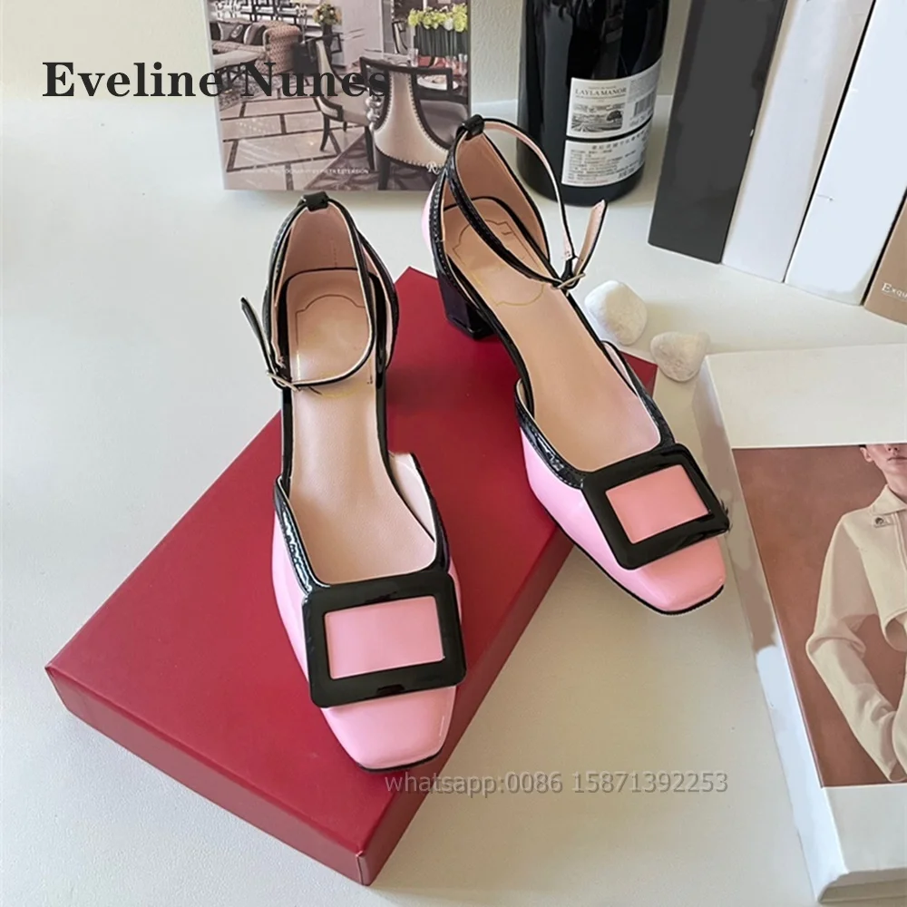 

Square Button Mixed Colors Sandals Square Toe Chunky Heels One Word Belt Women Pumps Side Air Buckle Strap Casual Shoes Summer