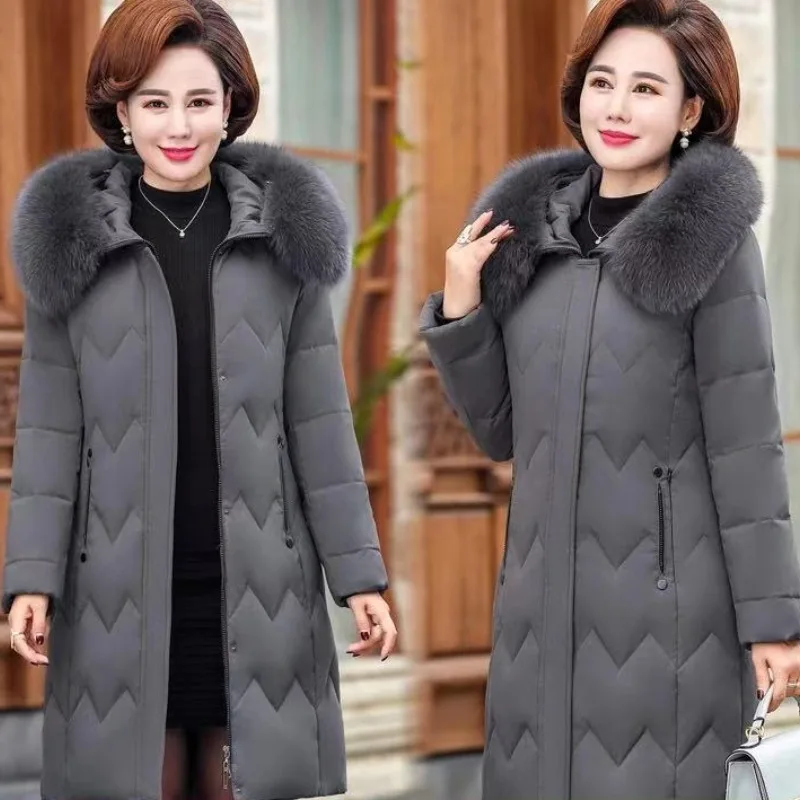 2023 Autumn Winter Middle-aged Elderly Down Jacket Long Style White Duck Down Thick Warm Slim  Fox Fur Collar Hooded Coat Female