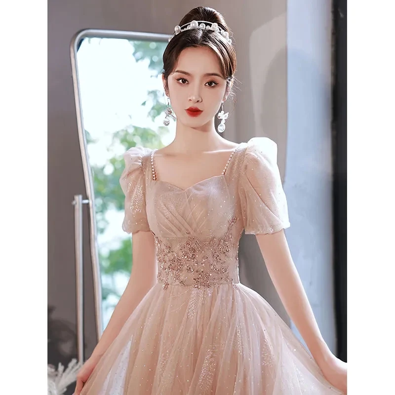 Evening Party Dresses for Women 2025 New Light Luxury High End Luxury Dress Banquet Style Champagne Long Summer Short Sleeeve LA