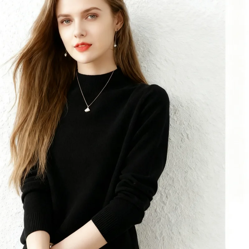 2025 Autumn Winter Women Sweaters Fashion Casual Pullover Long Sleeve Knitted Mock Neck Jumpers Fall Elegant Knitwear Warm Top