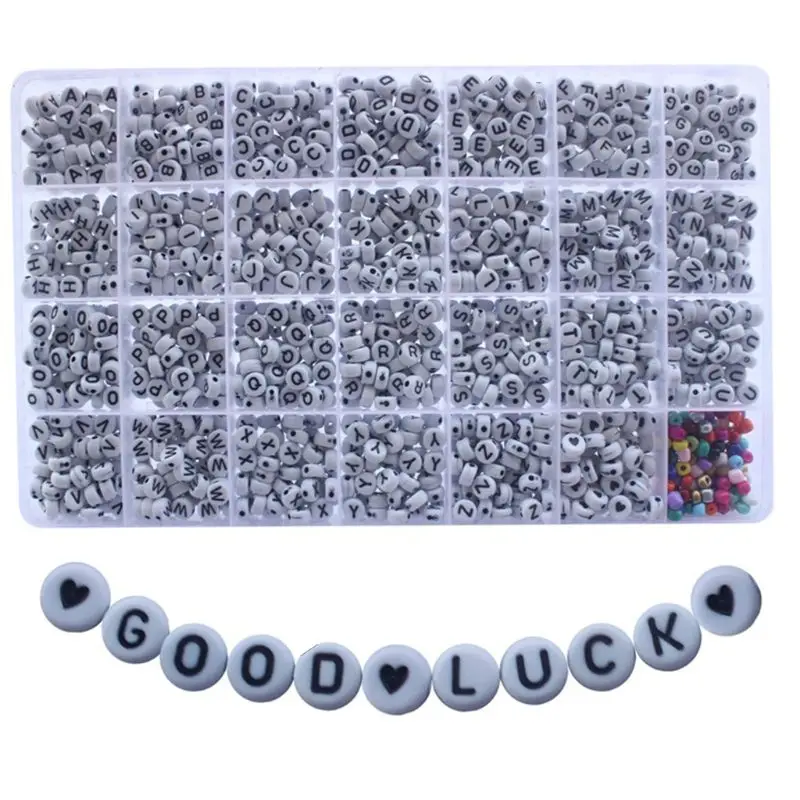 

1600Pcs 28 Acrylic White Round Beads Black A-Z Letter Heart Pattern for DIY Bracelet Jewelry Making