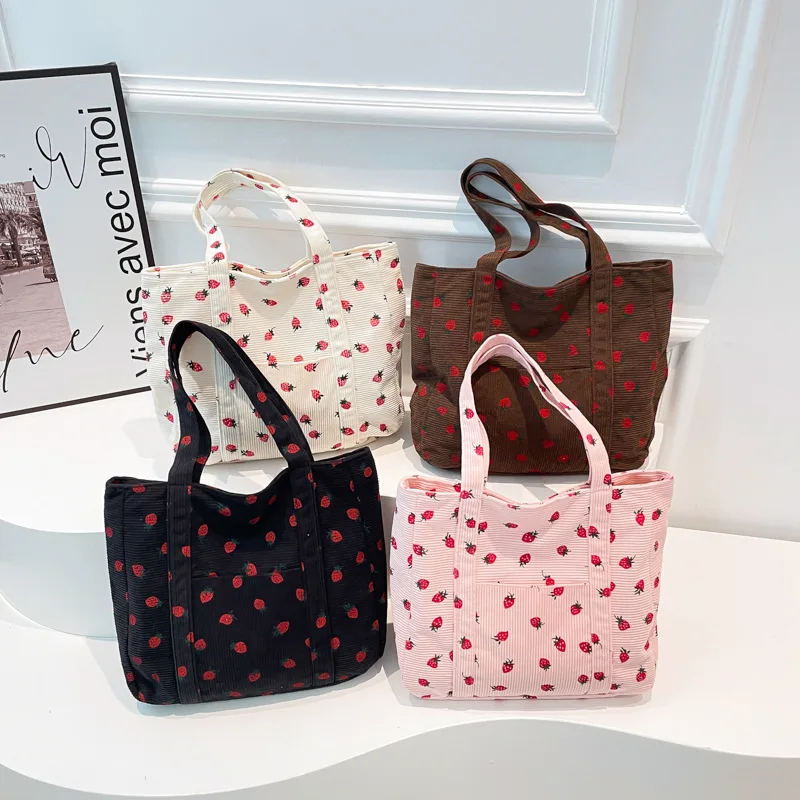 Strawberry Print Corduroy Tote Bag - Large Capacity Vintage Shoulder Bag for Women, Cute Canvas Storage Purse 숄더백