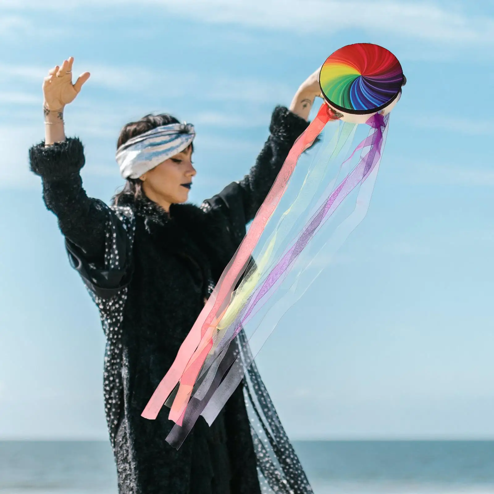 6 Inch Rainbow Ribbon Hand Drum Tambourine Percussion Instrument Classical Dance Stage Performance Portable Kids Adults Musical