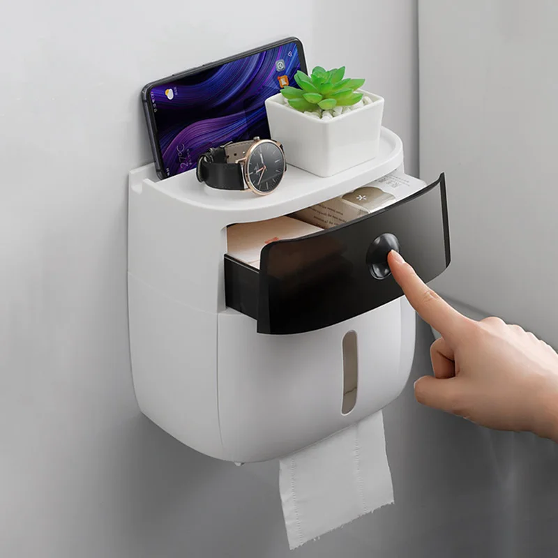 

Waterproof Wall-mounted Toilet Paper Box, Tissue Box with Storage Drawer, Punch-free, Household, Bathroom Accessories