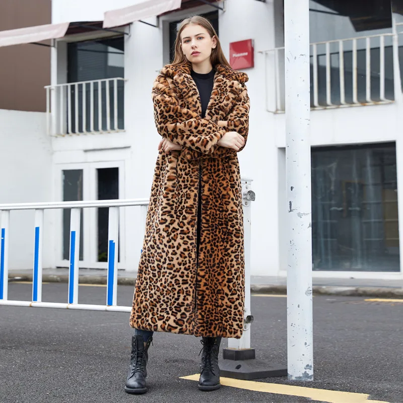 Foreign Trade Source: European and American Fur Imitation Fur Leopard Pattern Rabbit Hair Super Long Suit Collar Fur Coat