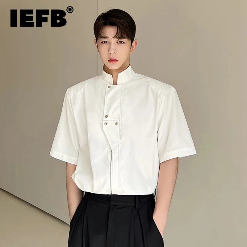 

IEFB Casual Loose Men's Shirts Stand Collar Zipper Short Sleeve Male Tops New Fashion 2024 Summer Solid Color Top Trend 9C6081