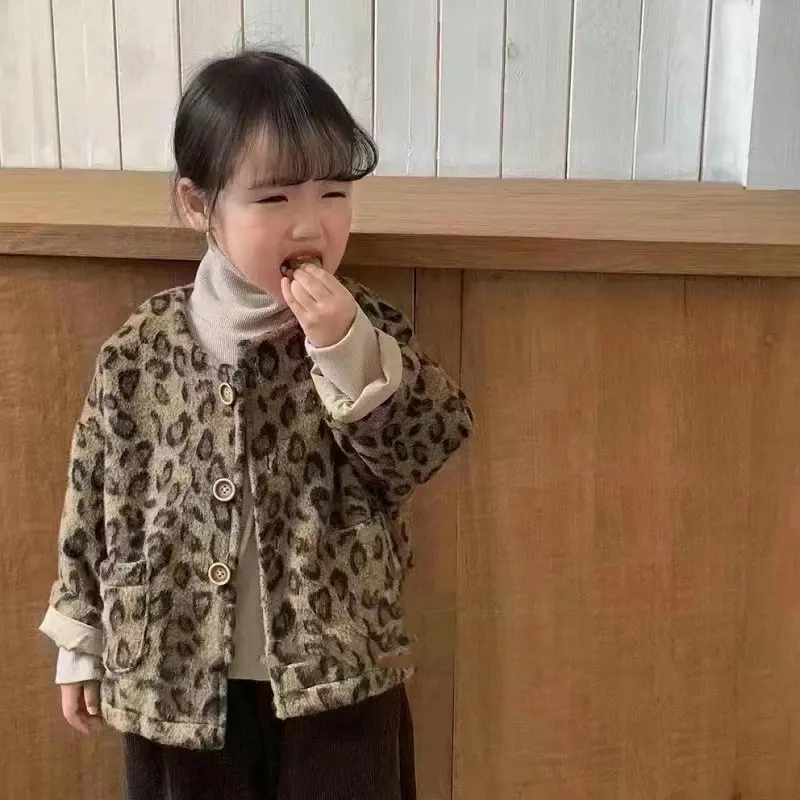 

Children Clothing Kids Coat 2023 Autumn Winter New Boys and Girls Leopard Cardigan Top Casual Single Breasted Simple Kids Coat